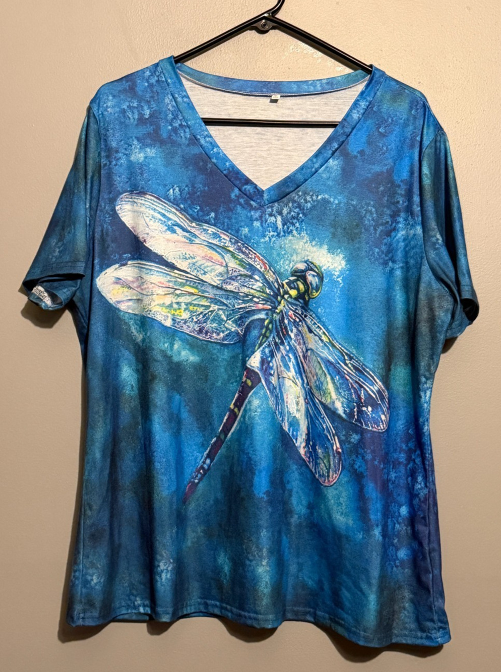 Women’s XXL Blue Dragonfly Graphic Shirt V Neck Watercolor Nature Boho 2XL